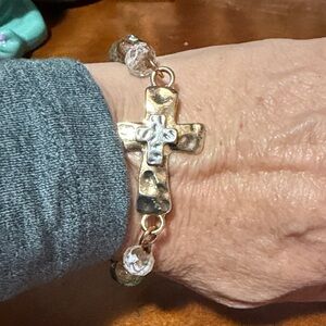 Gold and Gray Beaded Bracelet with Cross Charm with volcanic beads